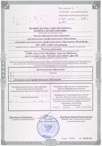 Лицензия на осуществление образовательной деятельности ЧОУ ПетроПроф - приложение 1